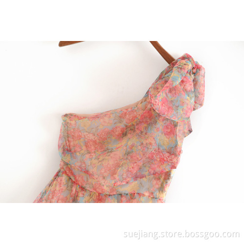 Colorful One Shoulder Asymmetric Short Chiffon Dress